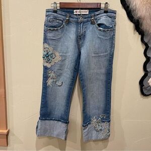 Rosa‎ & Rose 6* Embellished Cropped Jeans Y2K Bling Pedal Pusher 90s Embroidered